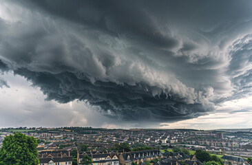 Obraz premium Dramatic storm clouds rolling in over a small tow with red brick houses. Yorkshire UK England with suburban houses and greenery. Powerful thunderstorm is approaching