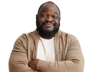 Portrait of an african black fat man with a joyful, smiling face, posing with a funny and cheerful expression, isolated on a transparent png background