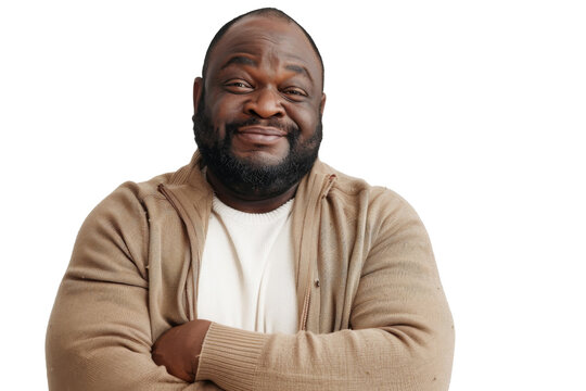 Portrait of an african black fat man with a joyful, smiling face, posing with a funny and cheerful expression, isolated on a transparent png background