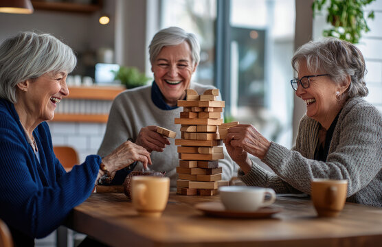 A group of happy elderly friends playing Jenga at the table in coffee shop, having fun and laughing together