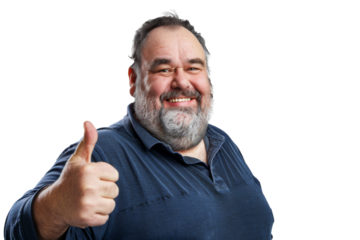 Portrait of kindly and funny fat man posing isolated on transparent png background, big man with smiling face.