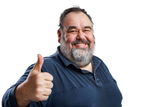 Portrait of kindly and funny fat man posing isolated on transparent png background, big man with smiling face.