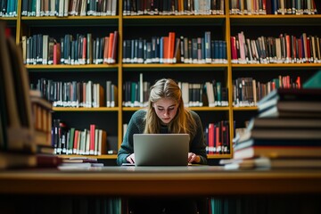 A student studying with books and a laptop in a library, representing education and learning. Ideal for educational and academic-related advertisements.