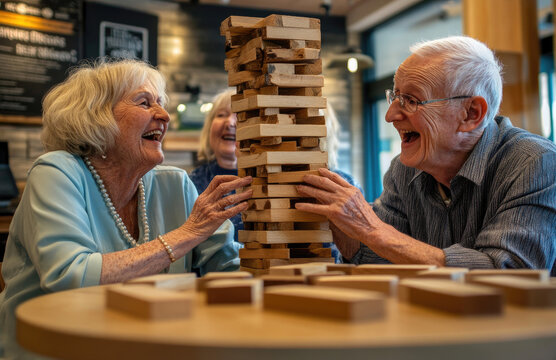 A group of happy elderly friends playing Jenga at the table in coffee shop, having fun and laughing together