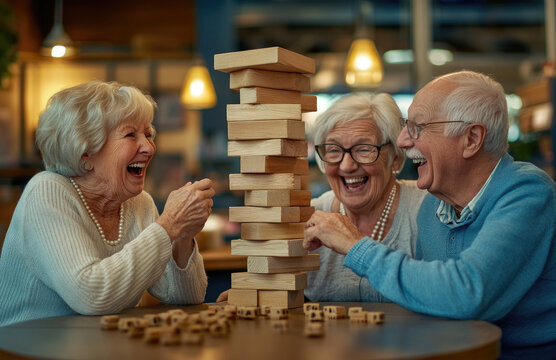 A group of happy elderly friends playing Jenga at the table in coffee shop, having fun and laughing together