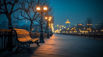 A tranquil evening scene featuring a deserted walkway lined with glowing street lamps and a solitary bench.