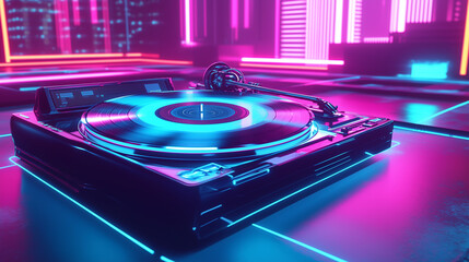 Futuristic Record Player with Neon Lights and Holographic Display in Cyberpunk Style