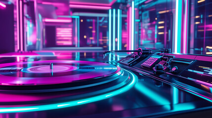 Futuristic Record Player with Neon Lights and Holographic Display in Cyberpunk Style
