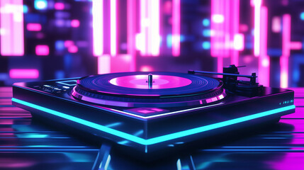 Futuristic Record Player with Neon Lights and Holographic Display in Cyberpunk Style