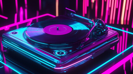 Futuristic Record Player with Neon Lights and Holographic Display in Cyberpunk Style