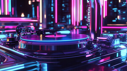 Futuristic Record Player with Neon Lights and Holographic Display in Cyberpunk Style