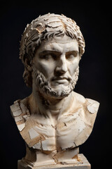 A weathered, peeling bust set against a dark background, Generative AI
