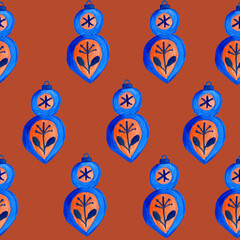 Christmas ball blue toy with patterns in Scandinavian style seamless pattern watercolor illustration in hygge style. Cozy Christmas. basis for the design of textile cards and gift paper