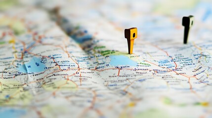 Two pins mark destinations on a folded map.