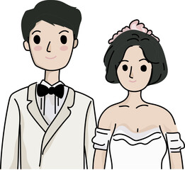 Fototapeta premium Cartoon wedding couple illustration on transparent background. 