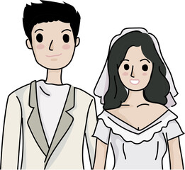Fototapeta premium Cartoon wedding couple illustration on transparent background. 