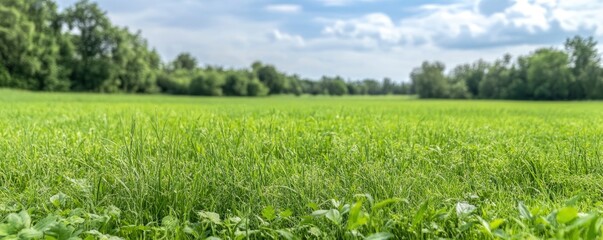 Obraz premium Green grass, a blue sky, and a bright, sunny morning in a meadow.