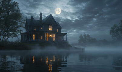 A Victorian house on the water, a foggy night with moonlight, creepy vibes