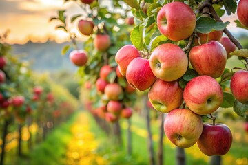 Obraz premium Hyper-realistic photograph of ripe apples hanging from branches in an apple orchard, with a blurred, leafy, and twiggy background creating a serene vineyard ambiance