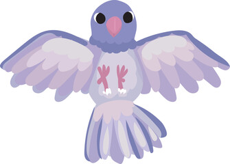 Cartoon flying purple bird illustration on transparent background.
