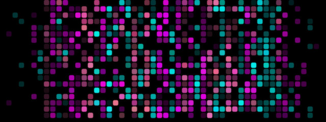 Abstract Pixel Background: Purple and Turquoise Pixels on Black Screen