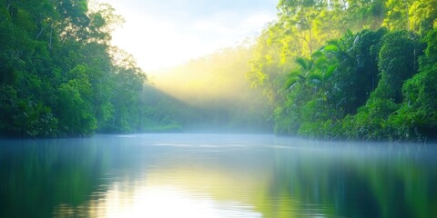 Obraz premium An idyllic scene with a peaceful river and a beautiful woodland in the late afternoon sun