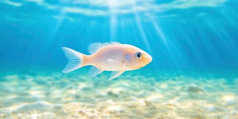 Naklejka premium A real fish is seen swimming across the sunny, sandy bottom of crystal-clear water, showcasing animals in its own environment.