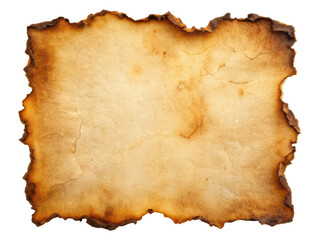 Burnt vintage parchment paper texture with darkened edges, featuring an aged and weathered appearance ideal for design, crafting, and historical projects. Isolated on transparent background, png.