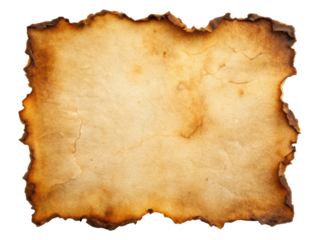 Burnt vintage parchment paper texture with darkened edges, featuring an aged and weathered appearance ideal for design, crafting, and historical projects. Isolated on transparent background, png.