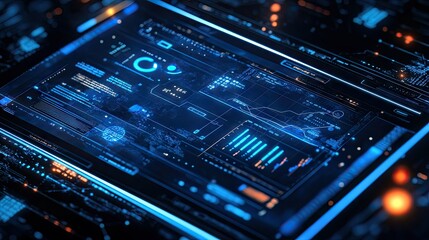 Obraz premium Digital tablet displaying a complex graph with analytics icons and technology overlays