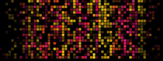 Abstract Pixel Background: Red, Orange, and Yellow Pixels on Black Screen