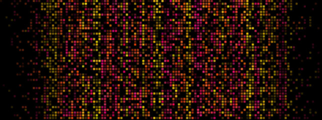 Abstract Pixel Background: Red, Orange, and Yellow Pixels on Black Screen