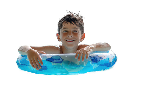 Child with inflatable tube swimming in a summer pool