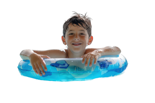 Child with inflatable tube swimming in a summer pool - Powered by Adobe