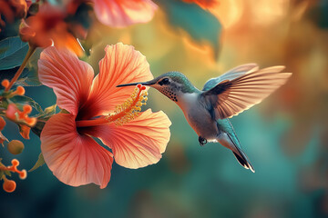Naklejka premium Fragile tiny hummingbird or sugarbird hovering beside a peachy pink hibiscus flower drinking nectar. Mottled green lush nature background with copy space.
