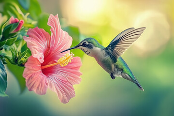 Naklejka premium Delicate little hummingbird or sugarbird hovering beside a pink hibiscus flower drinking nectar. Mottled green lush nature background with copy space.
