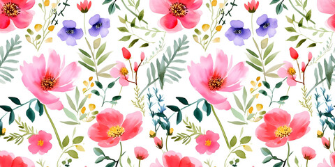 Colorful flowers meadow seamless pattern. Vibrant colors painting style.