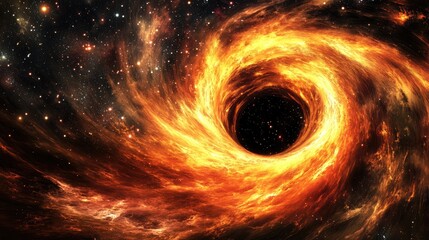 Obraz premium A swirling cosmic representation of a black hole surrounded by fiery gases and stars.