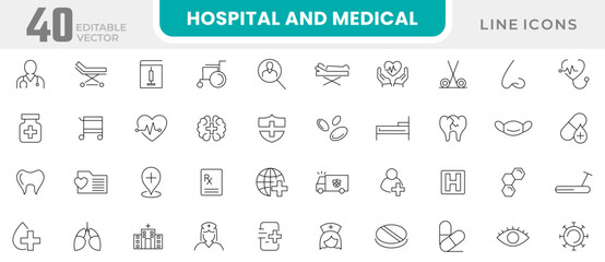 Hospital and medical care line icon collection. Health checkup, patient, diagnosis, doctor, intensive care, virus, medicine, pharmacy, prescription, and medical report icon set. UI outline icon pcak