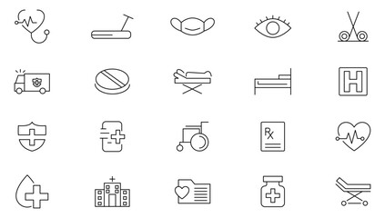 Hospital and medical care line icon collection. Health checkup, patient, diagnosis, doctor, intensive care, virus, medicine, pharmacy, prescription, and medical report icon set. UI outline icon pcak