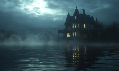Obraz premium Victorian house on the water, night scene, moonlit and foggy, with a creepy vibe, like a horror movie poster