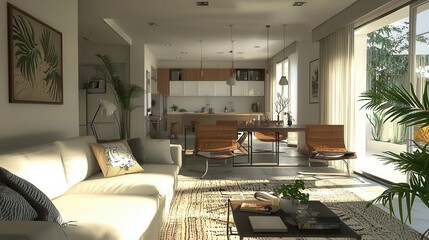 Fototapeta premium Modern open-plan living room with white sofa, brown chairs, and kitchen in the background. Sunlight streams in through large windows.