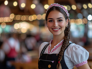 Obraz premium Cheerful Woman in Traditional German Attire Holding Beer Steins at Oktoberfest Festival, Smiling Waitress in Bavarian Costume Celebrating German Culture in Festive Event Setting 