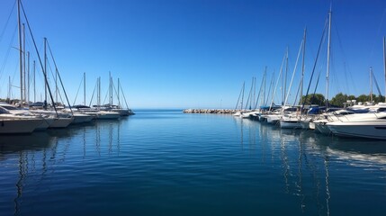 Obraz premium A bustling marina with sailboats anchored in clear blue waters beneath a crisp cerulean sky, showcasing a perfect summer day.