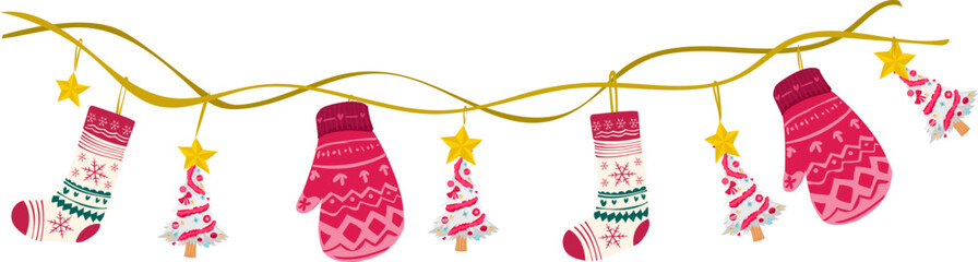 Pink christmas decorations illustration on transparent background.
