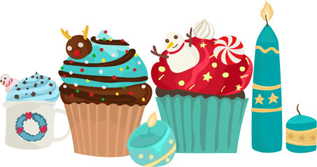 Cartoon christmas cupcake doodle illustration on transparent background.
