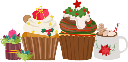 Cartoon christmas cupcake doodle illustration on transparent background.
