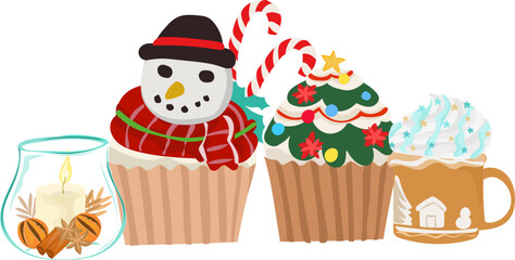 Cartoon christmas cupcake illustration on transparent background.
