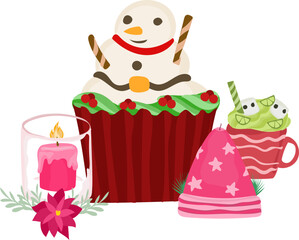 Cartoon christmas cupcake illustration on transparent background.
