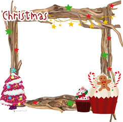 Christmas wooden frame illustration on transparent background.
